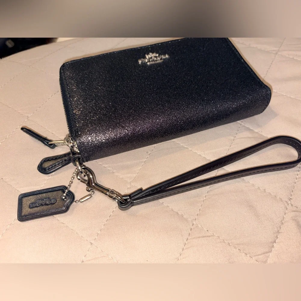 COACH Double Zip Wallet Wristlet in Black Glitter Resined Canvas - LIKE NEW - Picture 13 of 14